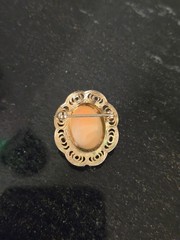 Vintage Cameo Brooch Carved Shell Portrait 1920s Orange White ornate filagree