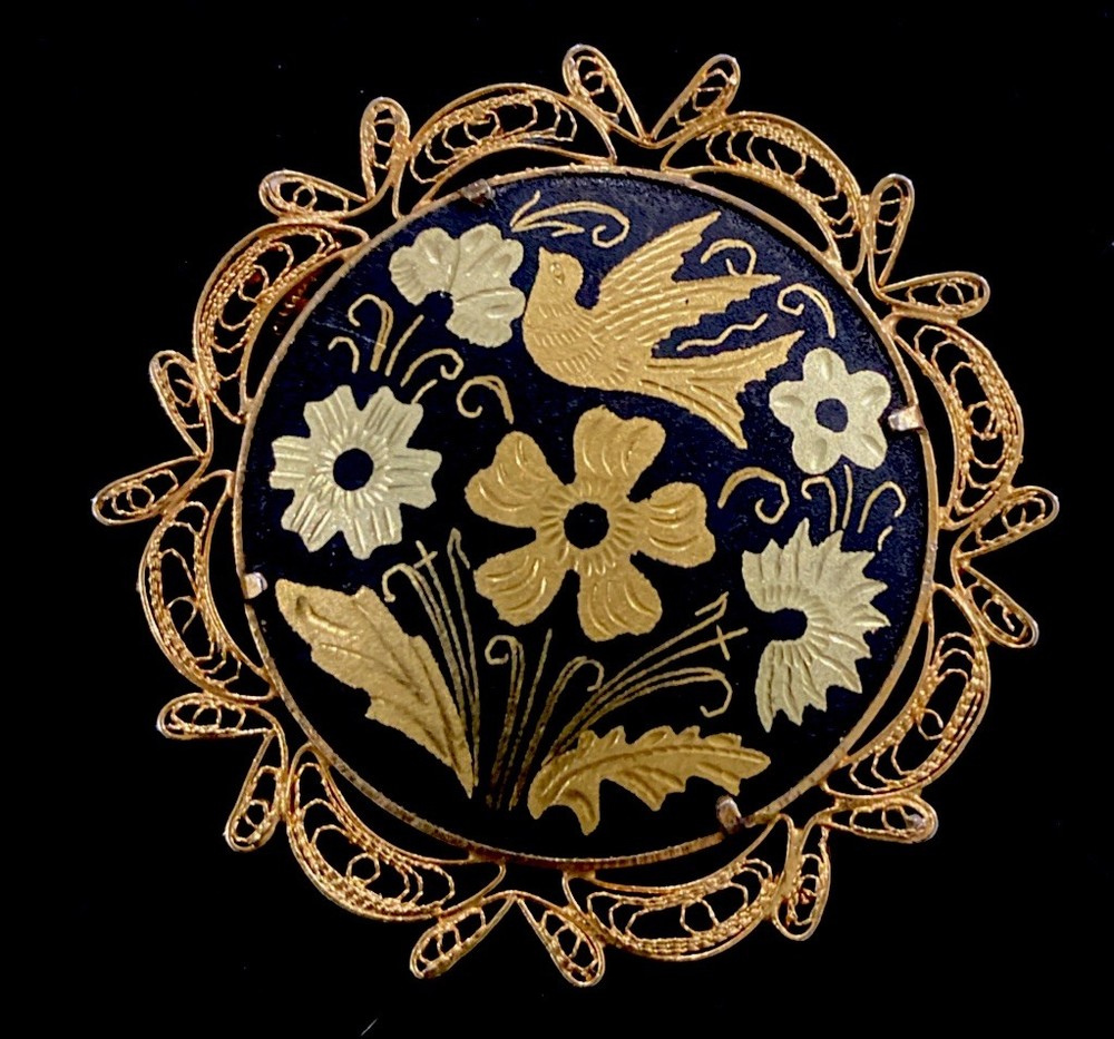 Vintage Damascene Brooch Black Gold Tone Trombone Clasp Filigree Bird Floral