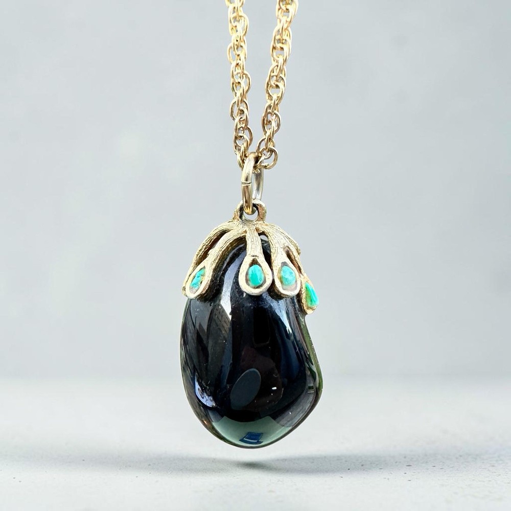Vintage Eggplant Necklace Midcentury Black Glass Turquoise Pendant Gold Tone 26”