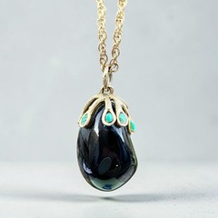 Vintage Eggplant Necklace Midcentury Black Glass Turquoise Pendant Gold Tone 26”