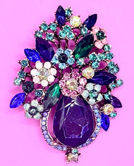 Gold Tone & Multicolor Rhinestones Flowers Bouquet Brooch Contemporary