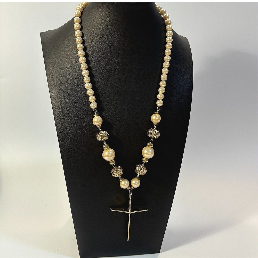 Pearl Necklace Vintage 90s Madonna Gold Tone Cross Crucifix Maximalist
