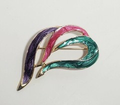 Vintage 1980s Pearlescent Enamel BROOCH EARRING Gold Tone Purple Fushia Teal