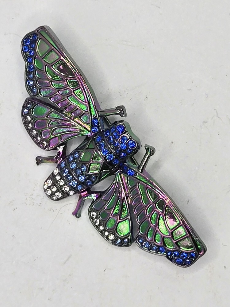 ENAMEL AND RHINESTONE CICAIDA 2″ LONG X .75″ LONG