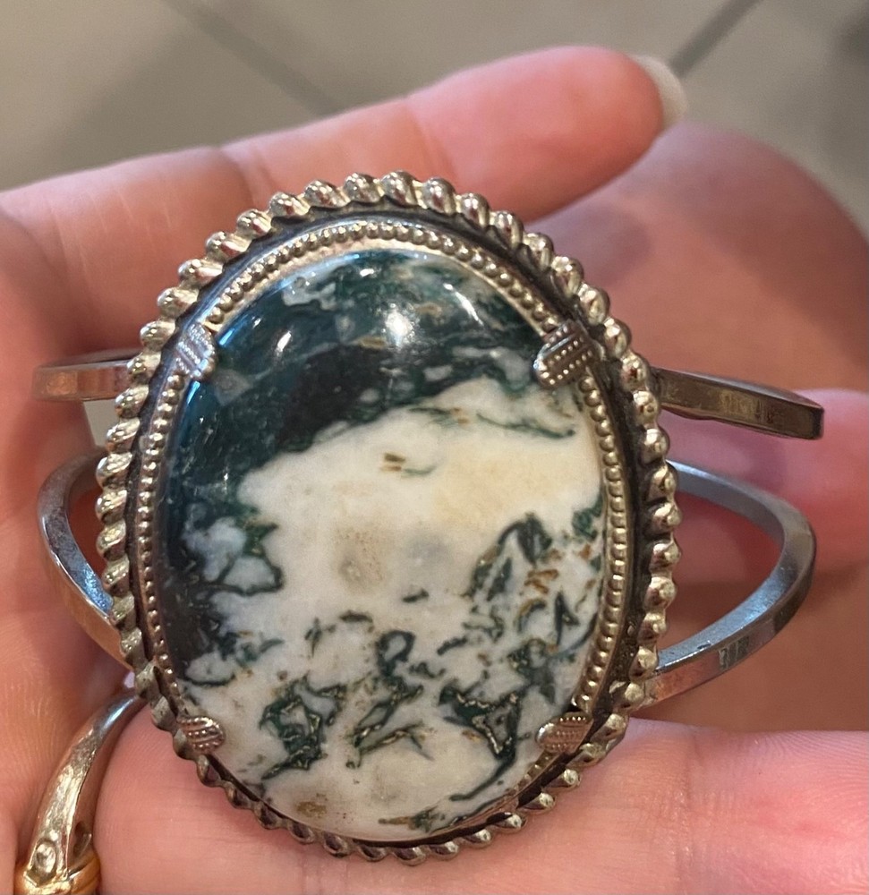 Vintage 1970’s MOSS AGATE Sterling Silver Cuff Bracelet