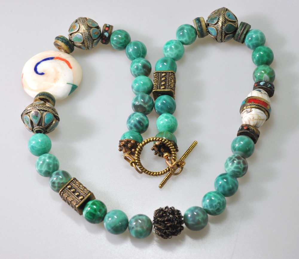 Vtg Mosaic Glass Beads Tibetan Stone Bead Chunky ethnic revival boho PC21