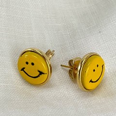 Vintage Yellow Smiley Face Stud Earrings Enamel Gold Tone 1970s-80s Classic