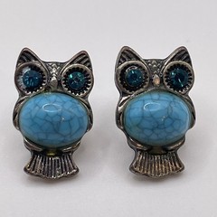 Earrings Vintage Owl Blue Glass Rhinestone Plastic Faux Turquoise Metal Jewelry