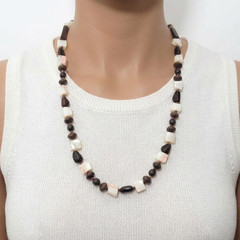 Pink Banded Trochus Shell Mother of Pearl n Palm Wood Beaded Necklace 27″