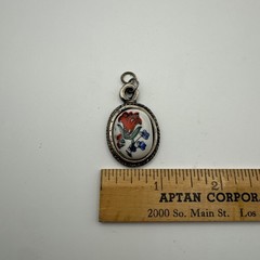 Vintage Ceramic Floral Pendant Silver Tone