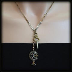ANTIQUE Gold & Silver Niello Crescent Moon Anchor Pendant Pocket Watch Key