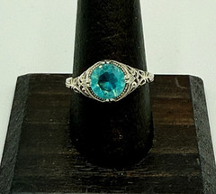 Sterling Silver 925 Art Deco Style Faceted Blue Glass Open Work Ring Size 8.75