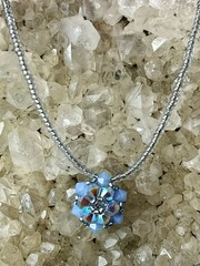 Handmade Beaded Pendant Necklace Blue Crystal Aurora Borealis Snowflake /Flower
