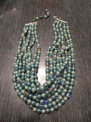 Vintage Glamor Blue Crystal Faux Teal Pearl Bead Chunky Multi Strand Necklace!