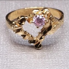 Heart 14K Gold Plated Ring Vintage Pink Cubic Zirconia Stone Nugget Textured
