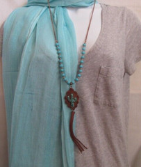 Vintage Natural Leather Howlite Stone Cactus Rose Gold Tone Long Necklace