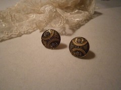 Vintage Damascene Gold Silver Black Domed Round Screw Back Earrings