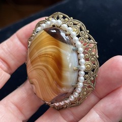 Vintage W Germany Glass Caramel Swirl Cabochon Pearl Brooch Clip On Earrings Set