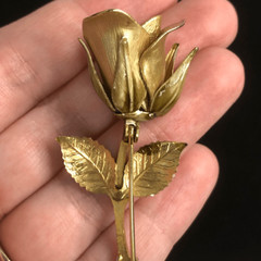 vintage long stem rose brushed gold tone enamel painted brooch 2.5 inches