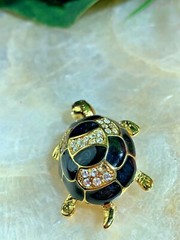 4.5”CM GOLD TONE BLACK ENAMEL & CRYSTALS TURTLE BROOCH