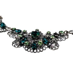 Vintage Western Germany Green Rhinestone Filigree Bib Necklace Silver Tone 17in