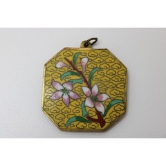 Vintage Cloisonné Enamel Floral Pendant Yellow Octagon Asian Charm