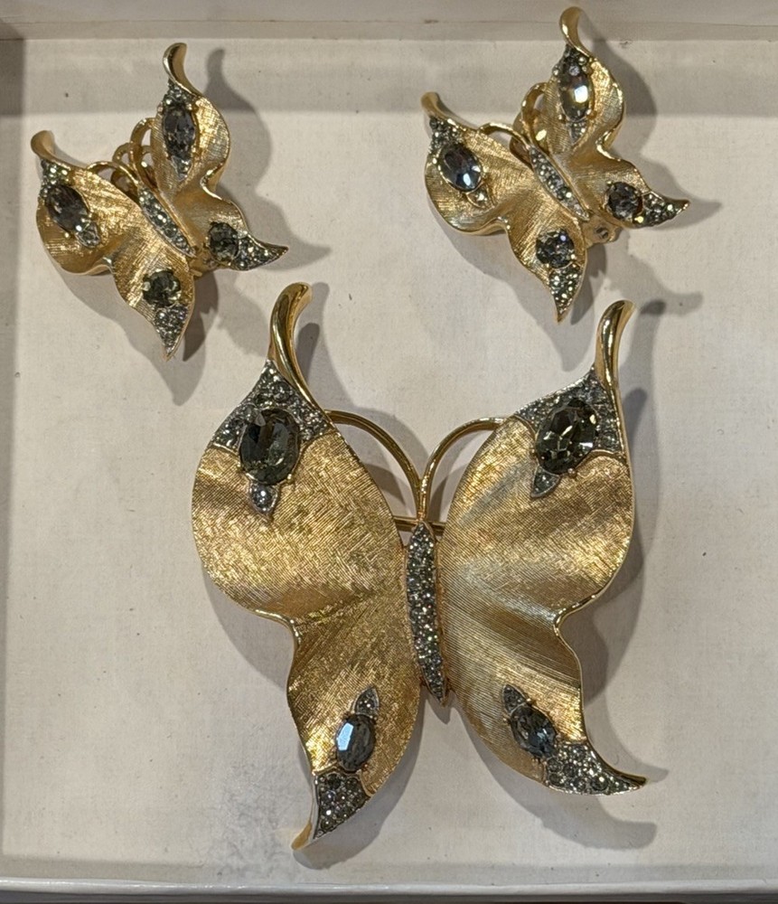 Vintage Crown Trifari Alfred Philippe Butterfly Brooch Pin Clip On Earrings Set