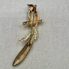 Vintage Blue Green Enamel Bird Brooch Gold Tone Perched Figural Pin Rhinestone