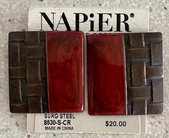 Napier Square Enamel Earrings Brown Red Basketweave Pierced Surgical Steel
