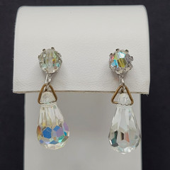 Vintage AB Crystal Faceted Teardrop Prism Drop Dangle Fancy Screw Back Earrings