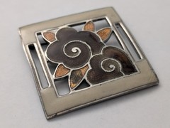 Vintage Art Deco Champleve Enamel Sash Buckle Scarf Slide Brown Cream Floral