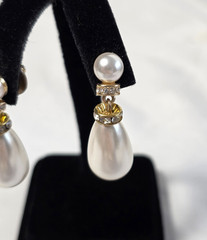 Monet Pearl Drop Earrings Stacked Tiered Faux Pearls & Crystal Accents