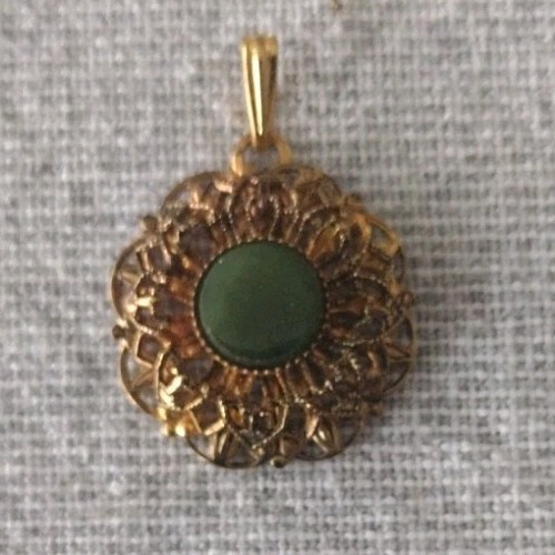 Vintage PENDANT Gold Tone Filigree Round with Round Green Stone Center