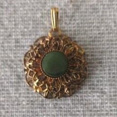 Vintage PENDANT Gold Tone Filigree Round with Round Green Stone Center