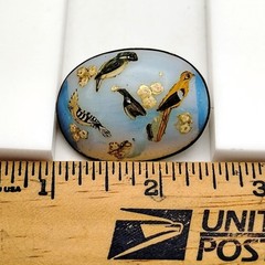 Antique Opalescent Glass Brooch Hand-Painted Birds C Clasp Victorian 1.5″
