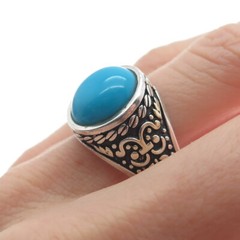 925 Sterling Silver Vintage Sleeping Beauty Turquoise Gem Ethnic Ring Size 11.25