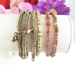 Lot of 6 Vintage BRACELETS Goldtone BEADED Orange Pinks Bead Metal Glass Plastic