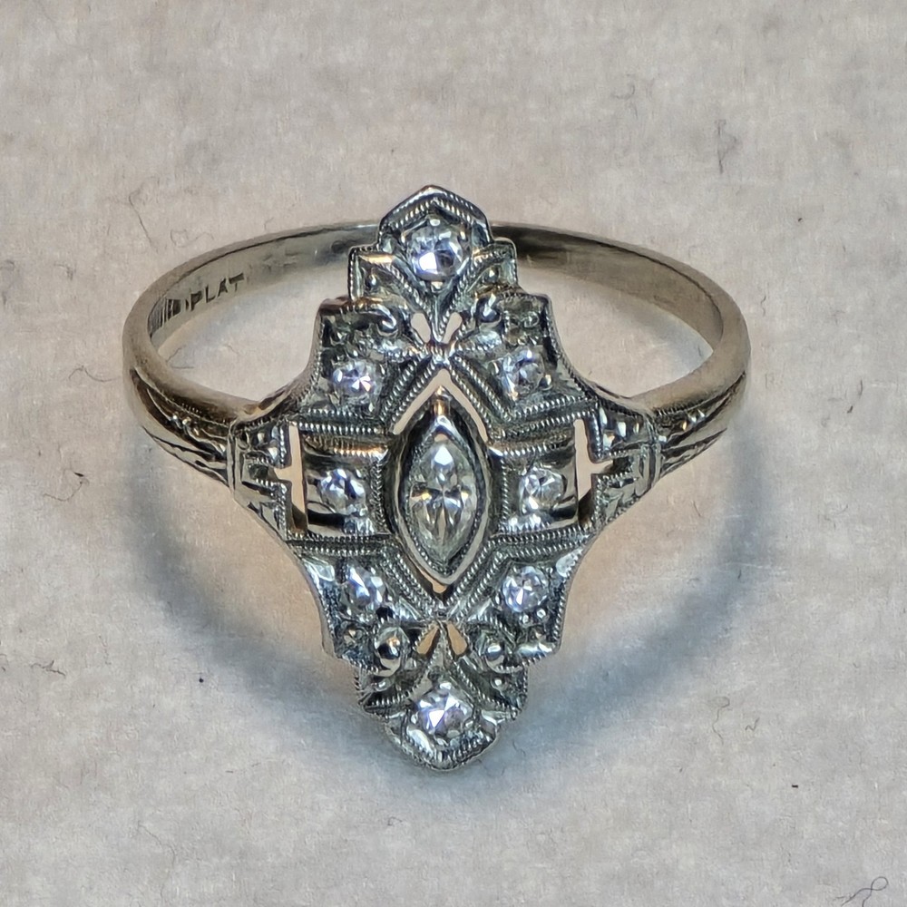 Art Deco Platinum Diamond Ring Size 8.25 Vintage Engagement Ring 3.41 Grams