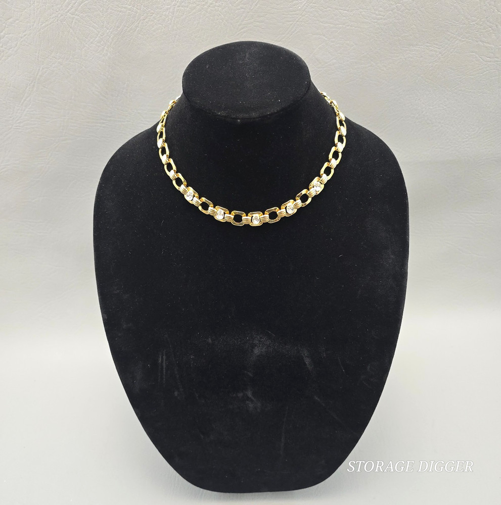 VTG Gold Tone Metal with 5 Rhinestones Link Necklace 17″ Long, Fold-Over Clasp