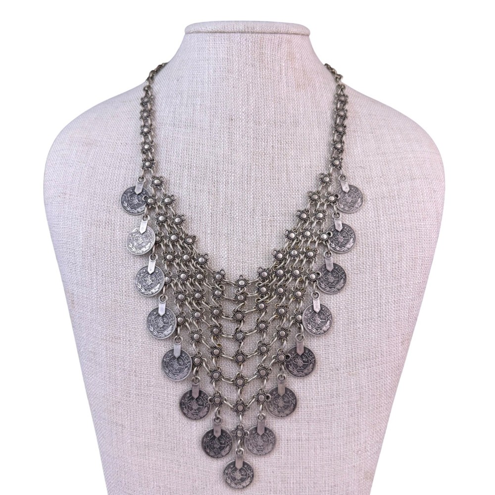 Antique Silver-Tone Islamic Coin Metal Bib Necklace Statement Jewelry