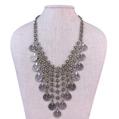 Antique Silver-Tone Islamic Coin Metal Bib Necklace Statement Jewelry