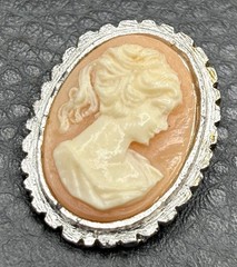 Vintage Cameo Shell Filigree Brooch Pin Silver Tone Woman Portrait