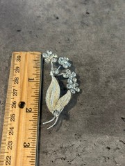 Vintage Flower with Leaves Brooch Pin Silver Tone Clear Rhinestones