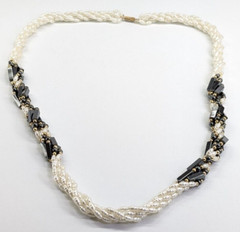 Vtg Rice Pearl & Hematite Multi Strand Twisted Beaded Statement Station Necklace