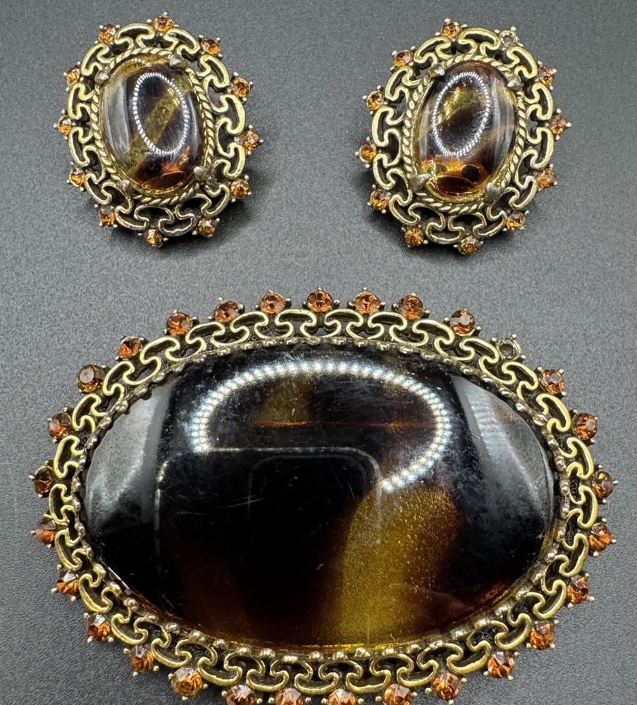 Vintage European Glass Rhinestone Brooch Pin Clip Earrings Glass AS IS READ