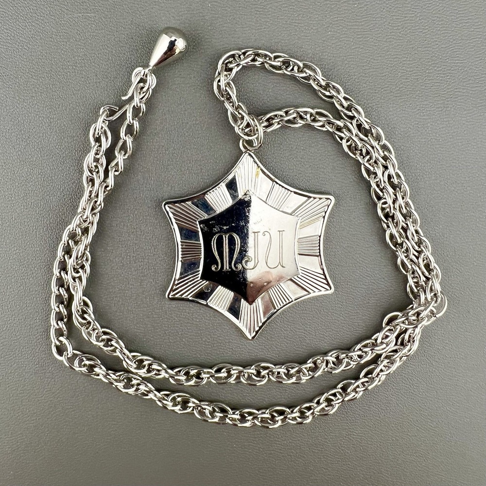 Vintage Coro Necklace Art Deco Revival Shield Monogram Silver Tone Signed 21”