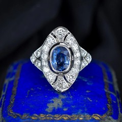 Art Deco Style Lab Created Diamond & Sapphire Engagement 14K White Gold FN Ring