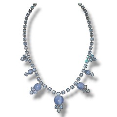 1950s Blue Moonstone Rhinestone Necklace Silver Tone 15in Vintage Unsigned