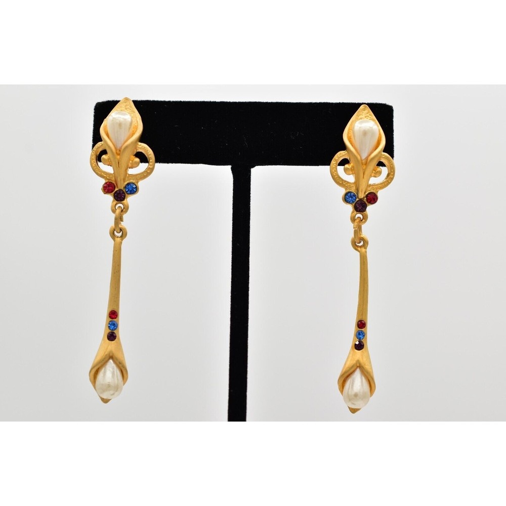 Vintage Pearl Crystal Dangle Earrings Drop Brushed Gold Matte NOS 1980s BinBK