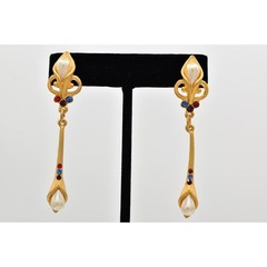 Vintage Pearl Crystal Dangle Earrings Drop Brushed Gold Matte NOS 1980s BinBK